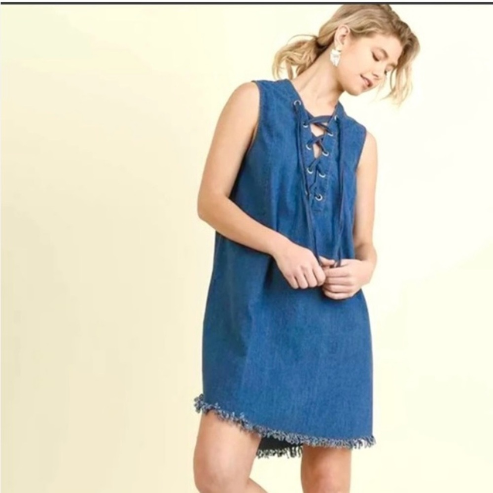 Umgee Blue Denim Sleeveless Lace Up Mini Dress Size Large